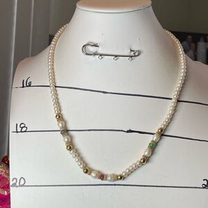 14 Karat Gold Pearl Necklace with 14 Karat Gold and Jade Beads